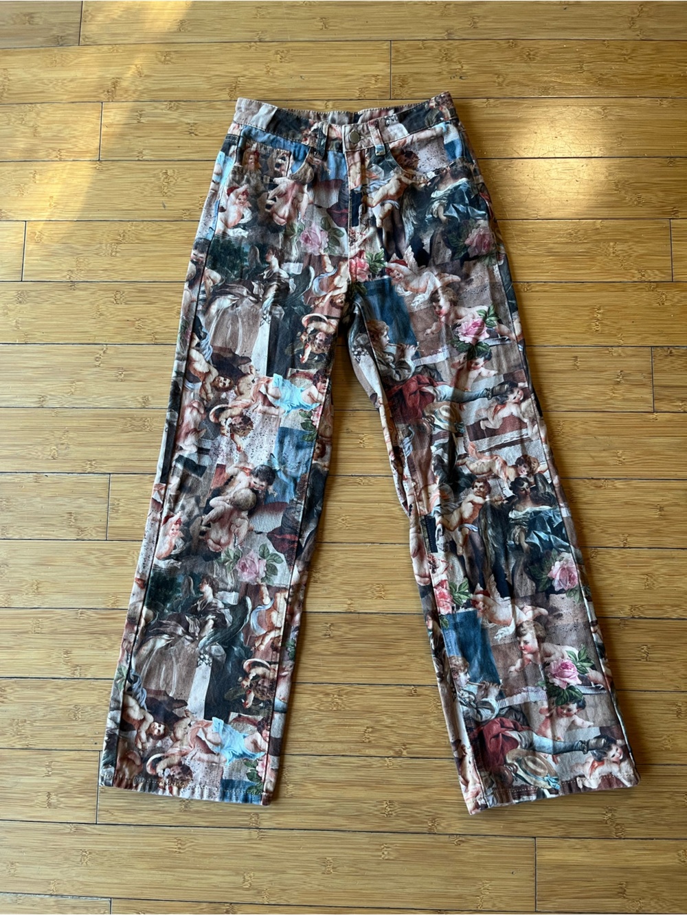 Renaissance Cherub Print 100% Cotton Straight Leg Pants Artsy Novelty